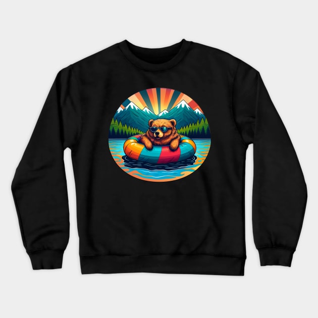 Grizzly Bear in Sunglasses Floating on a Lake with Mountains and Trees Crewneck Sweatshirt by Pine Hill Goods